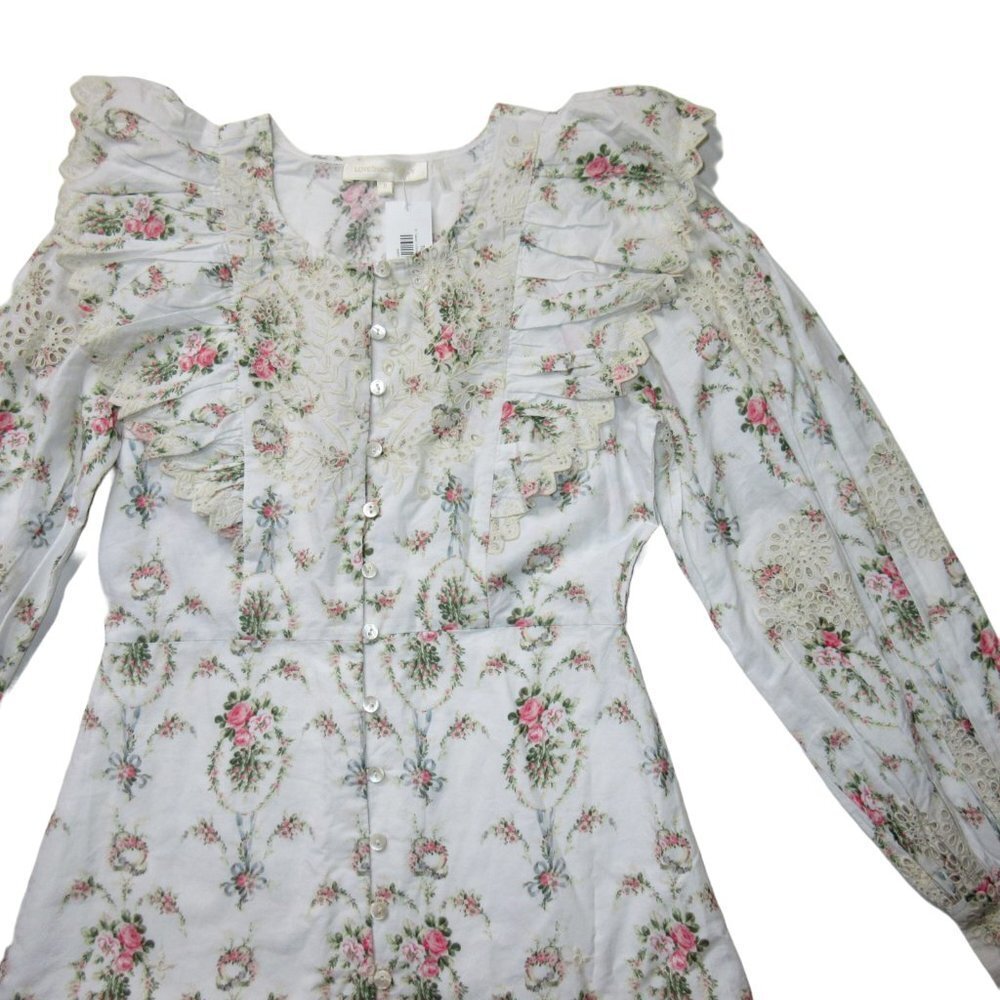 LoveShackFancy White Floral Ruffle Button-Front Mini Dress - Picture 3 of 7